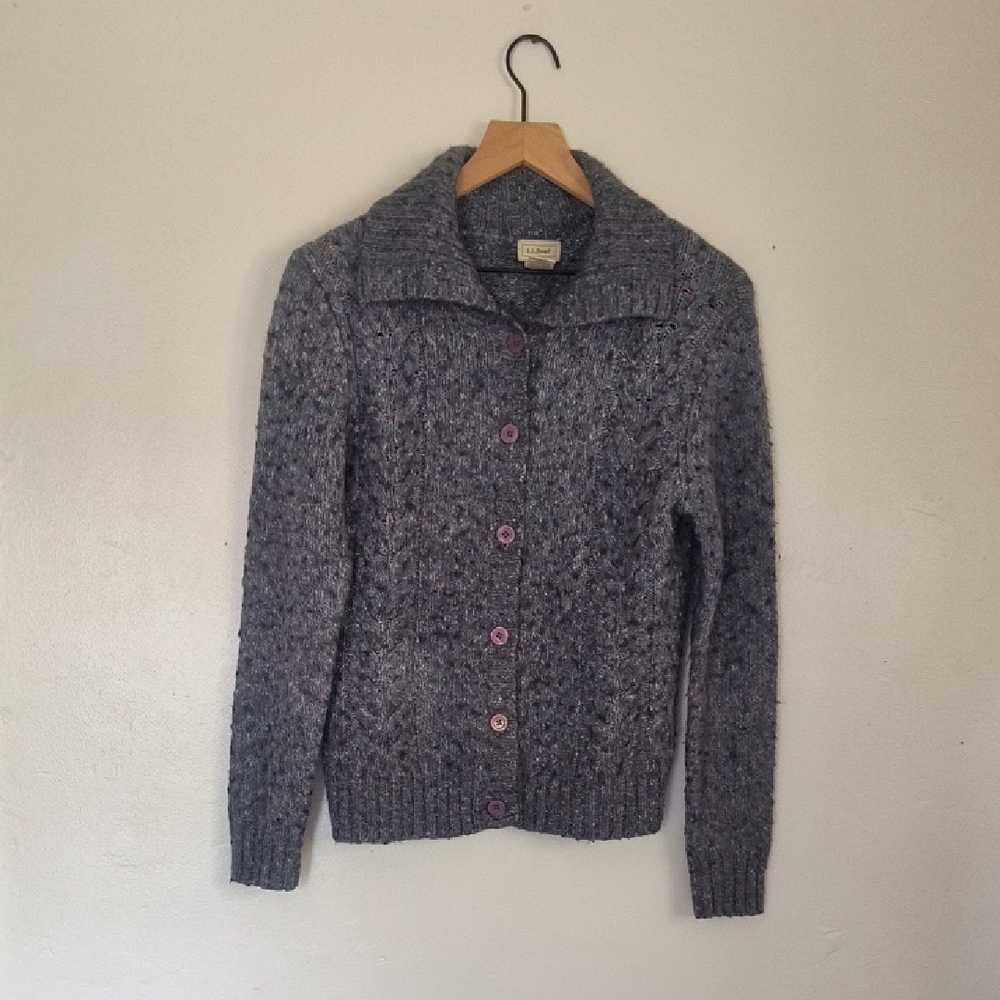 LLBean Blue Donegal Flecked Wool Blend Cable Knit Cardigan Sz Med Women